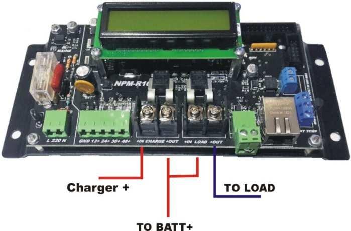 The current feed through for LOAD current and Charge current is two isolated current ports. V1 External Vdc input can be used to monitor eg.