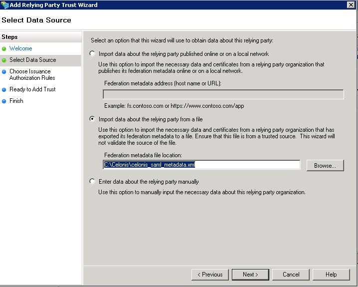 Choose Import data about the relying party from a file and upload the