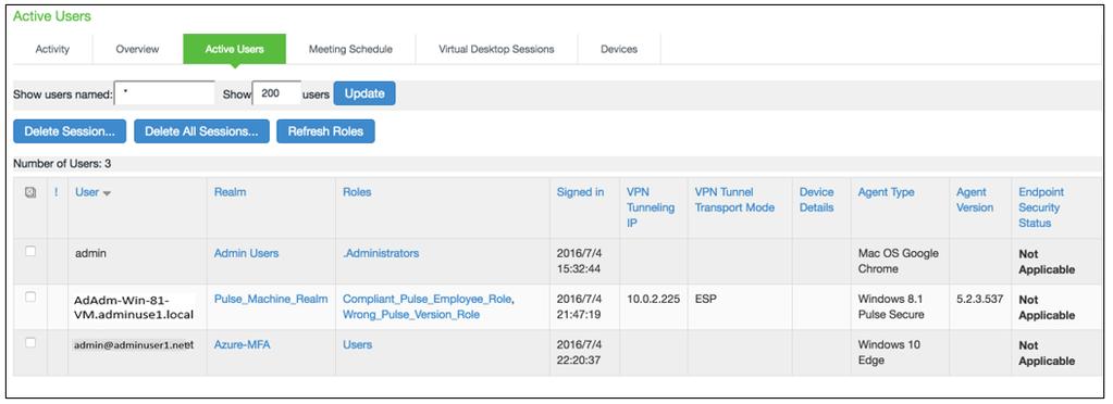 In the Pulse Connect Secure admin UI, this session can be seen in the Active Users