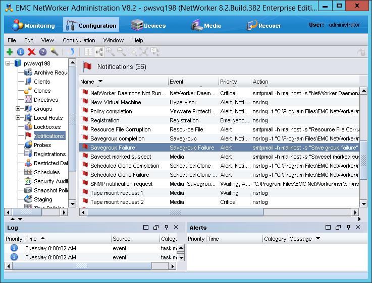 Backups Figure 17 Notifications Use one of the following methods to configure NetWorker to email the notification: Use the default notification: 1.
