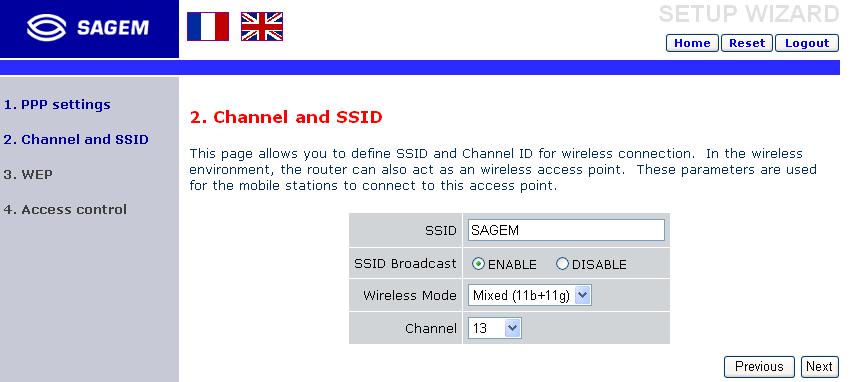 You must specify a common radio channel and SSID (Service Set ID) to be used by the SAGEM F@st 1500 ADSL Router and all of its wireless clients.