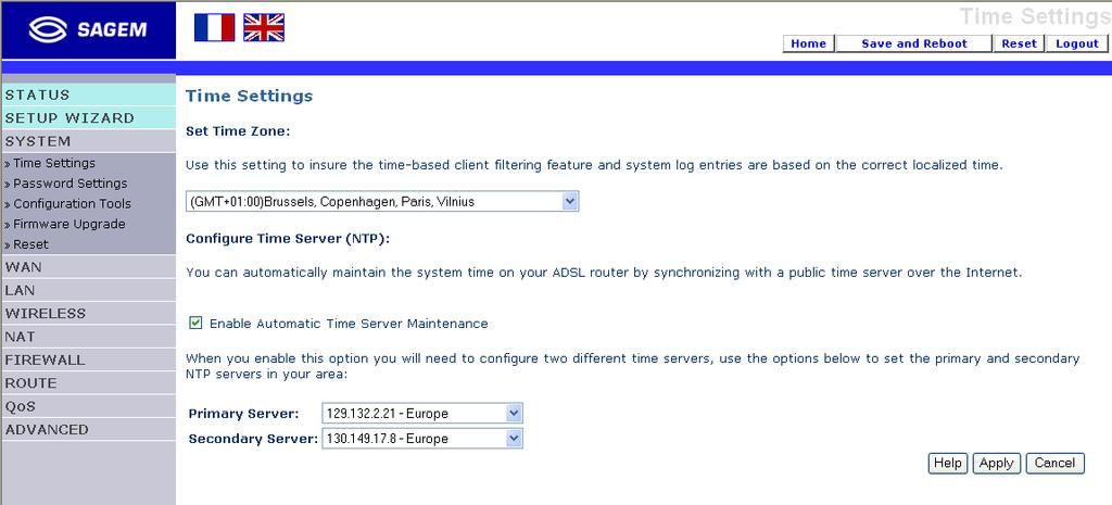 4 - Configuring the SAGEM F@st 1500 ADSL router 4.3 SYSTEM In this menu is included the following sub-menus: Time setting (see section 4.3.1), Password setting and SSID (see section 4.3.2), Configuration tools (see section 4.