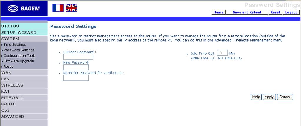 4 - Configuring the SAGEM F@st 1500 ADSL router 4.3.2 Password Settings Use this page to change the password for accessing the management interface of the SAGEM F@st 1500 ADSL Router.