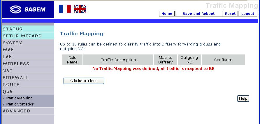 4 - Configuring the SAGEM F@st 1500 ADSL router 4.10.1 Traffic Mapping In the «QoS» menu, select «Traffic Mapping», the following screen appears. No traffic Mapping was defined.