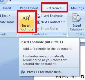 Position the cursor following the colon in the first sentence of this section. In the References ribbon, click on the Insert Footnote button.