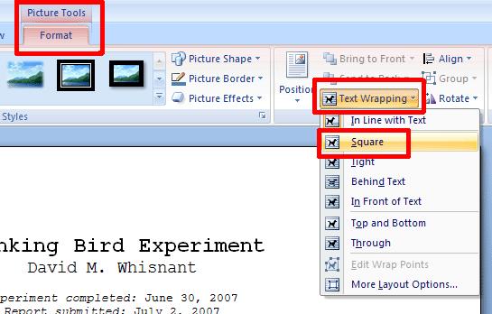 You now should see the picture of the bird inserted into the document. First, we need to format the picture.