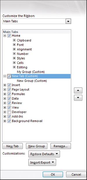 Customize the Ribbon (continued) Although you will mostly prefer to add one or more custom groups to the default Excel tabs, this is not always convenient because it reduces the amount of space