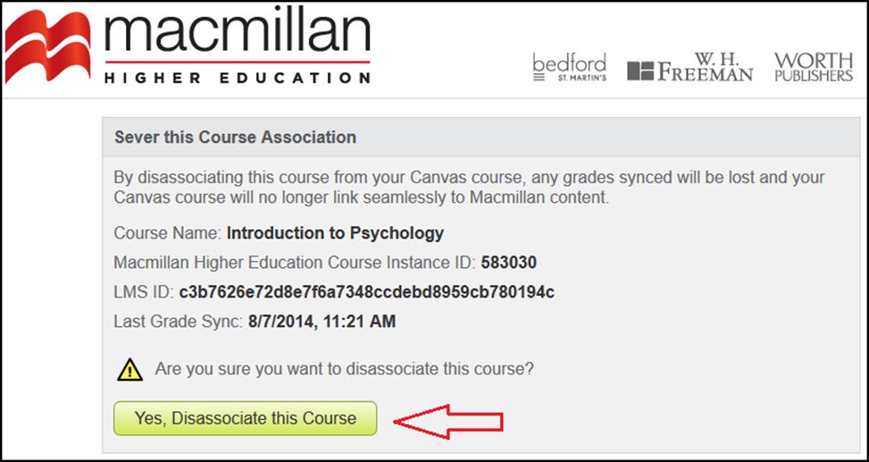Click Yes, Disassociate this Course On the Sever this Course