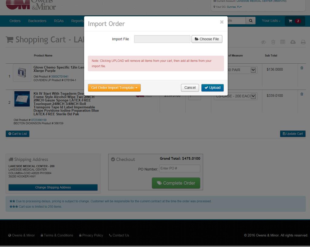 Upload Order: Upload Template Choose File location and select the Upload button.