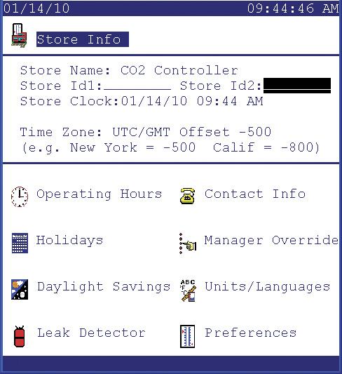 Store Info The Store Info icon contains various settings that reflect language, preferences, opening hours and other configuration parameters. From the main menu, select 'store info'.