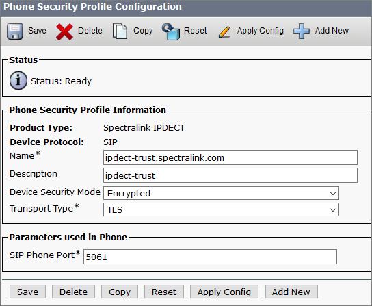 4. On the Phone Security Profile Configuration page, enter relevant data in the following fields: Field Setting Device Protocol Name Description Device Security Mode Transport Type Enter the relevant