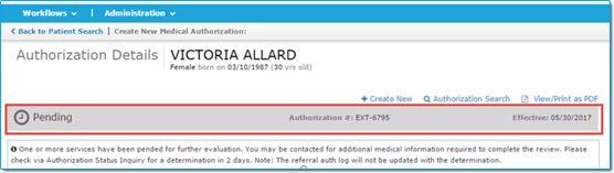 The returned ribbon at the top of the screen shows the status of the submitted authorization, the authorization number, and the effective date of the submitted authorization.