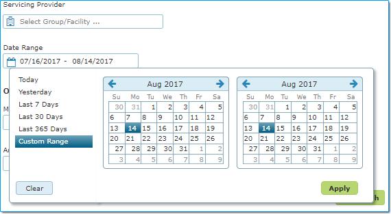 The Date Range field defaults to the most current 30-day period. To modify the date, click inside the field. You have the option to select a pre-defined date range (e.g., last seven days) or to define a custom range using the calendar tool.