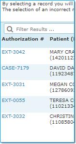 The report display includes: authorization number patient name and ID authorization status requesting provider name servicing provider name procedure (when applicable) date of service Note: There is