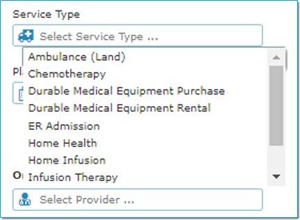 type. The following service types will appear: Ambulance (Land) (New: for non-emergency ambulance transportation) Chemotherapy Durable Medical Equipment Purchase Durable Medical