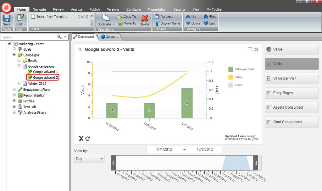 3.2.5 Viewing the Executive Insight Dashboard from the Marketing Center In the Sitecore Desktop, you can also view campaigns in the Executive Insight Dashboard embedded in the Marketing Center.