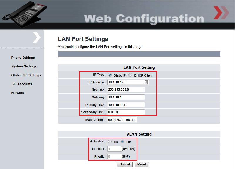 8.2. Configure LAN Port Settings On the left panel, select Network LAN Port Settings and configure either as DHCP Client (default) or Static IP for the LAN connection.