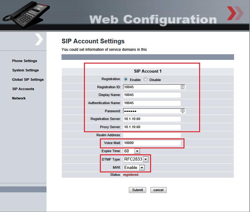 8.3. Configure SIP Account Settings Select SIP Accounts from the left panel. Select the Registration radio button to Enable.