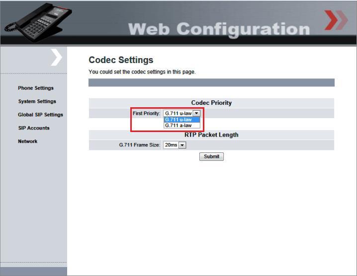 8.4. Configure Codec Settings Select Global SIP Settings Codec Settings from the left panel.