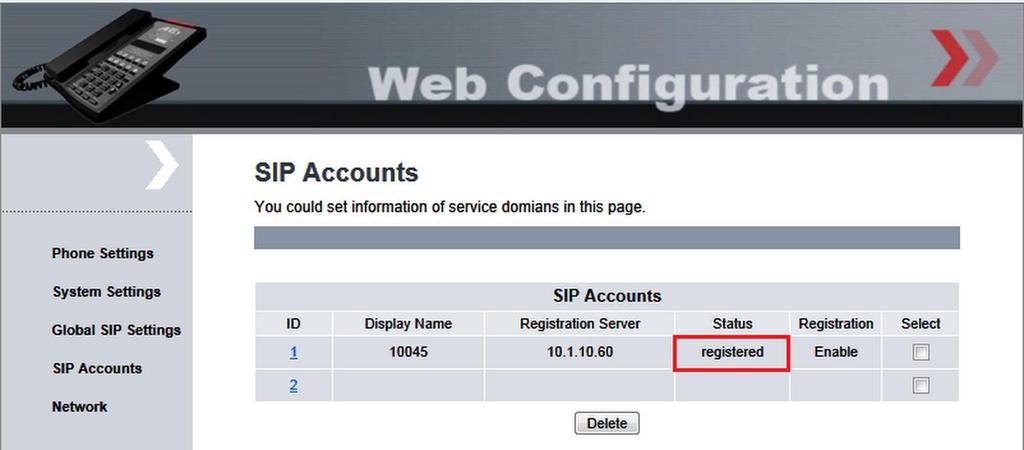 From the web interface of the G-Tek/AEi SSP-2x10 phone, click SIP Accounts from the left menu. Verify that the Status field shows as registered. 10.