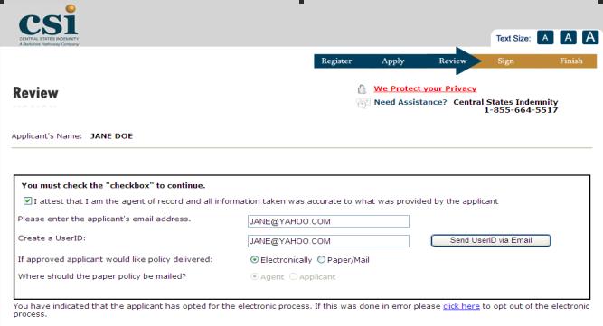 The view of this screen may vary slightly depending on which document the applicant will be e- signing.