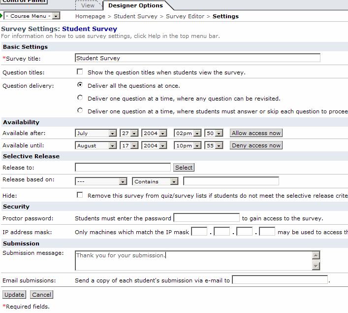 Basic Settings Survey title (required), Display question titles, How the questions are delivered Availability