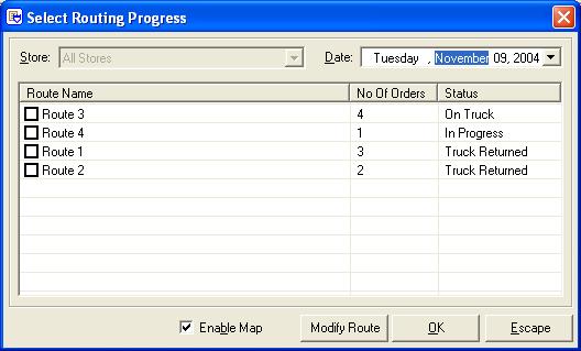 14 66 Chapter 14 Select Routing Progress Window By default, this window lists routes for the date that you selected in the main delivery screen (Delivery Snapshot screen).