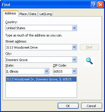 Delivery Zones 14 9 Figure 14-4: Find Window Enter an address in this window, then click Find. The window locates the address, and the program jumps to that location on the map.