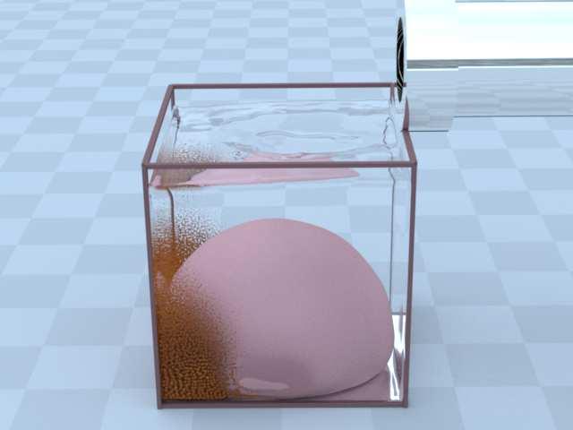 Figure 8: A volume of granular material are dropped into a box on top of an elastoplastic ball, and then water is poured in, dissolving the granular material to give a colourless liquid.