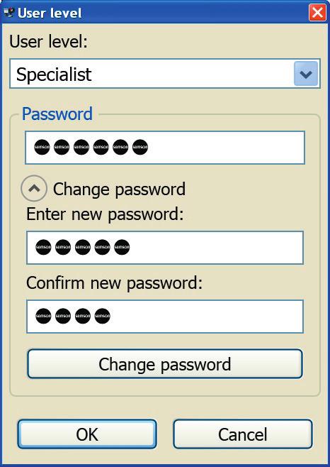Menu bar Note: The user level can be selected directly from the drop-down list on the tool bar. Changing the password The default password is "samson". The password can be changed.