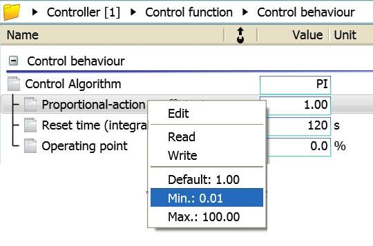 Main window Fast setting of default, minimum and maximum value: Select the parameter. Right-click to open a context-sensitive menu.