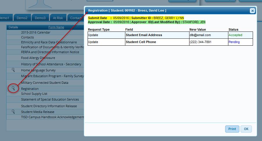 z The Submit Date and Submitter ID fields display the date the parent submitted the form and the parent s full name.