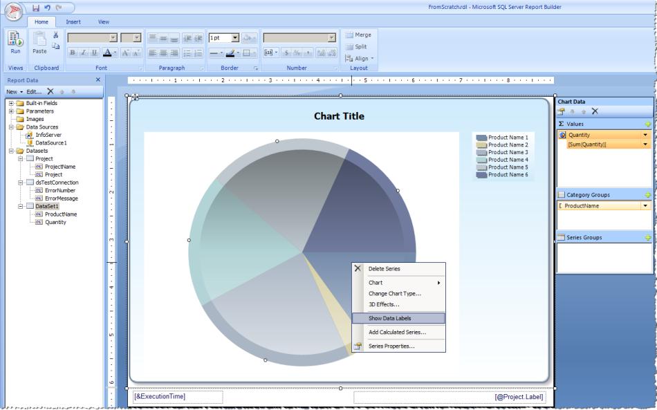 6. To display the values in the pie chart, open the