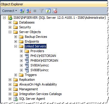 SQL Management Studio (right) In the SQL server instance of the information server, the two linked servers
