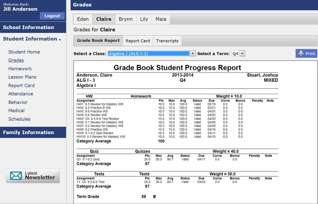 GRADES: Click on student name tab to view student grade screen. Click on Select Class dropdown to view specific class grade.
