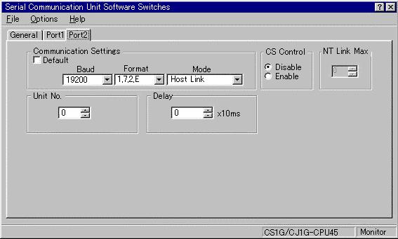 Select the [Port2] tab on the [Serial Communication Unit Software Switch] setting window. Set the items as below. Set Host Link for Mode.