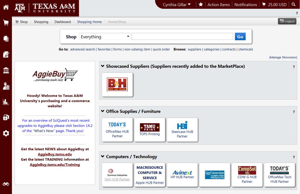 Back to Table of Contents NAVIGATION SSO delivers you to your AggieBuy homepage, which defaults to the Shop/Marketplace screen but can be changed to any AggieBuy screen you