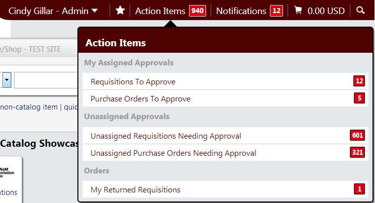 Clicking the Action Items tab will give you a list of items that require you to take action, such as Requisition Approvals