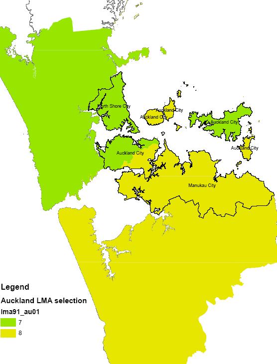 Figure 8: Map of overlap in Auckland Region The reason for the poor match between LMA and aggregate TA is obvious from the map: the boundary between LMA 7 and LMA 8 is in the middle of Auckland City