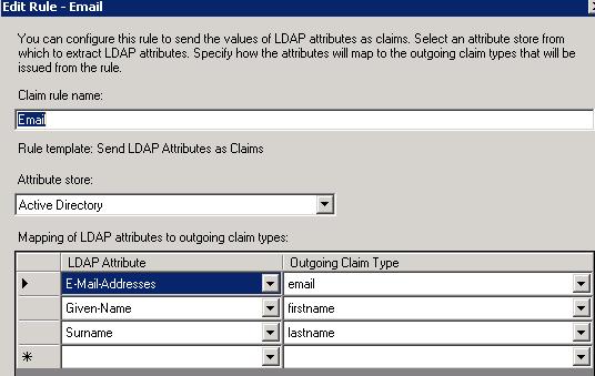 Edit the rule so your screen looks as follows: 10. Create another Claims Rule to Transform an Incoming Claim.