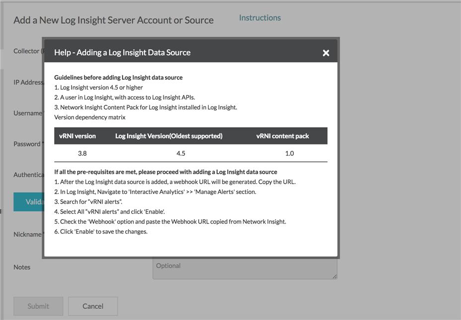 5 On the Add a New Log Insight Server Account or Source page, click Instructions next to the page title.