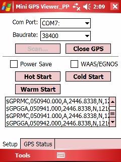 2) Setup the Baud rate : 38400, then tap Scan button to scan your COM Port. Select your COM Port respectively, then tap Open GPS button.