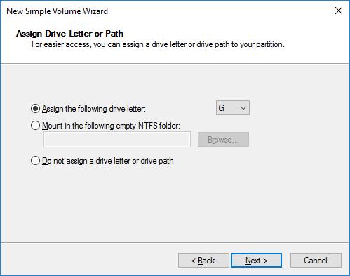 10. The Assign Drive Letter or Path window is displayed.