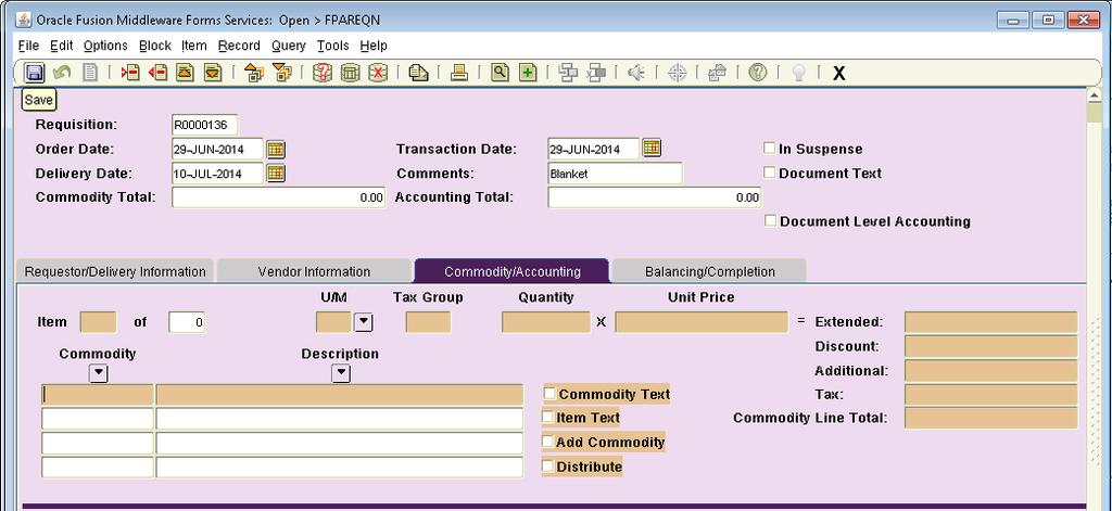 COMMODITY/ ACCOUNTING 1. Next Block or click to Commodity/Accounting tab. 2. Enter first item to be requested. 3. Leave commodity field blank. At this time NWFSC is not using this functionality. 4.