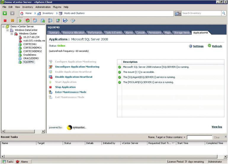 Figure 6. SQL Application Status in Symantec ApplicationHA Tab in vcenter Server. User access control is provided through a role-based access control mechanism.