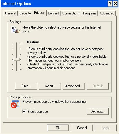 7.2. ENABLE COOKIES 1. In IE, click [Tools] > [Internet Options]. 2. Move to [Privacy] tab. Click [Advanced]. 3.