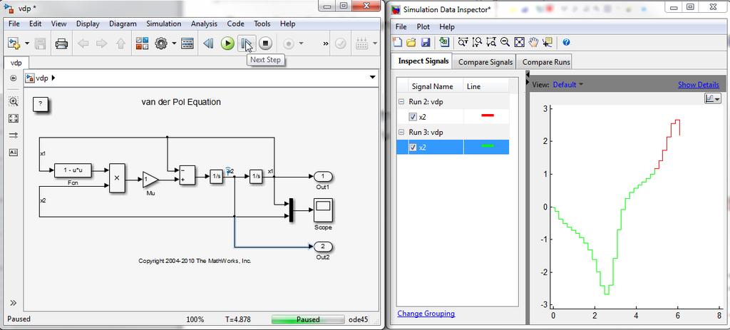 Simulink Data Inspector R2012b Features Simulink Data Inspector is on