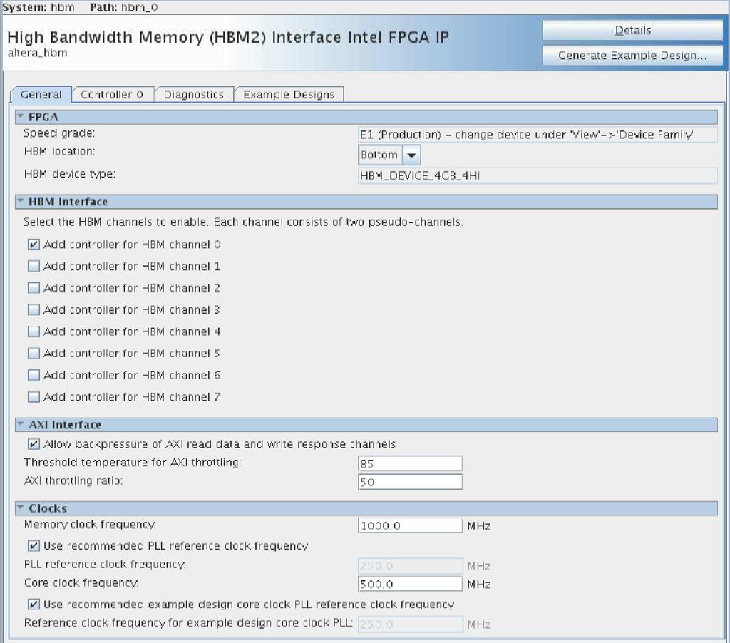 3. Generating the High Bandwidth Memory (HBM2) Interface Intel FPGA IP 3.1.