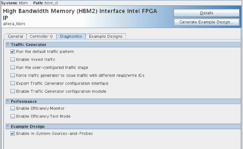 3. Generating the High Bandwidth Memory (HBM2) Interface Intel FPGA IP Display Name Enable 64B access for performance Width of User Data Memory channel ECC generation and checking/correction Write