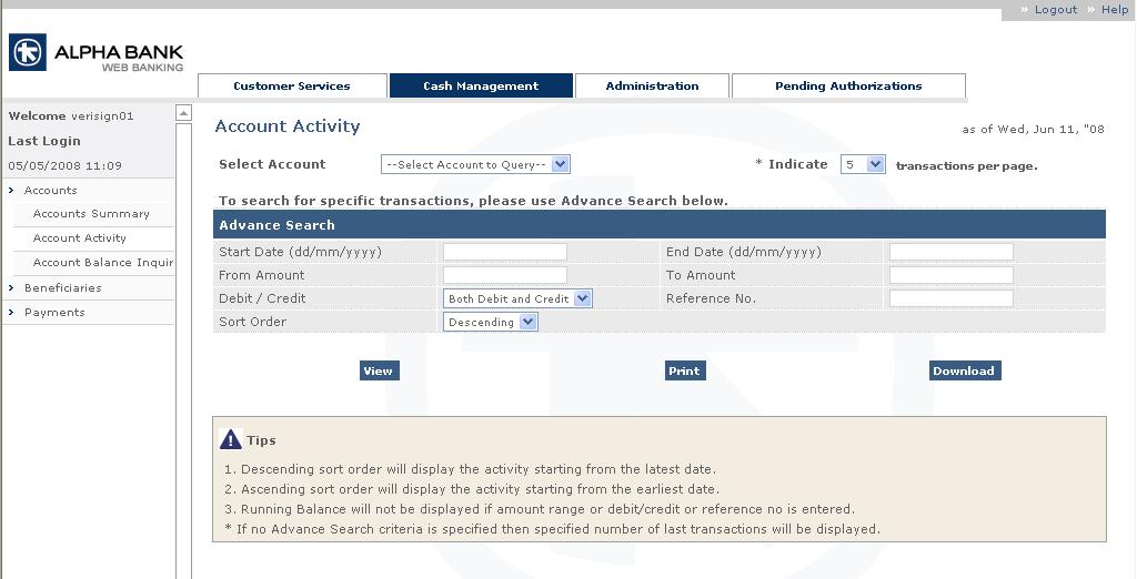 3.. Account Activity The Accounts Activity screen allows the user to search his/her accounts for specific transactions depending on the criteria described below.